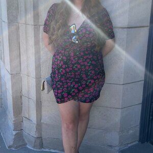 Lush Floral Mini Dress | Side Ruched Style | Black & Pink | Size L